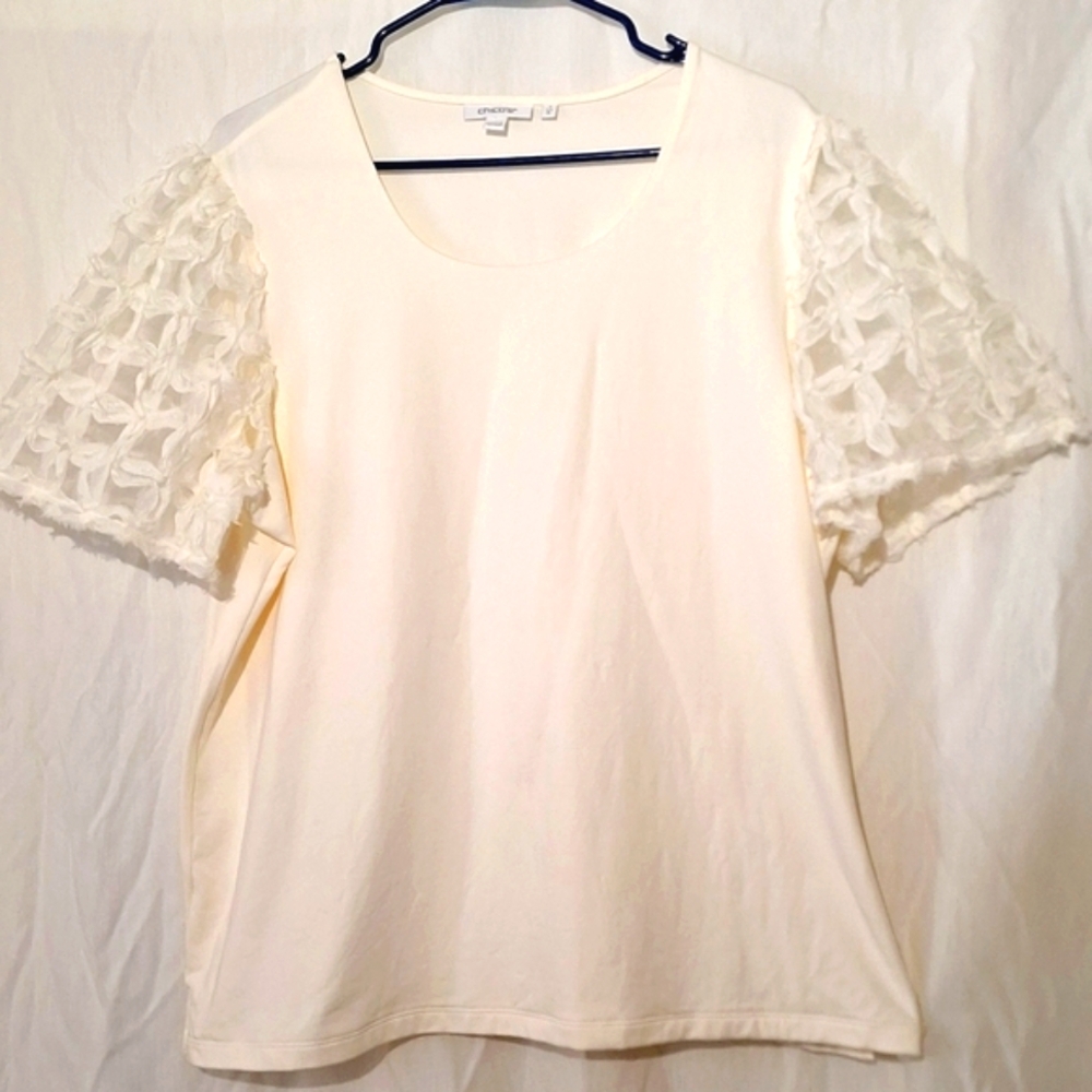 3/$20--Chico's Cotton Cream Blouse, Short White Lacey Sleeves, Slipover, NWOT - Picture 1 of 11